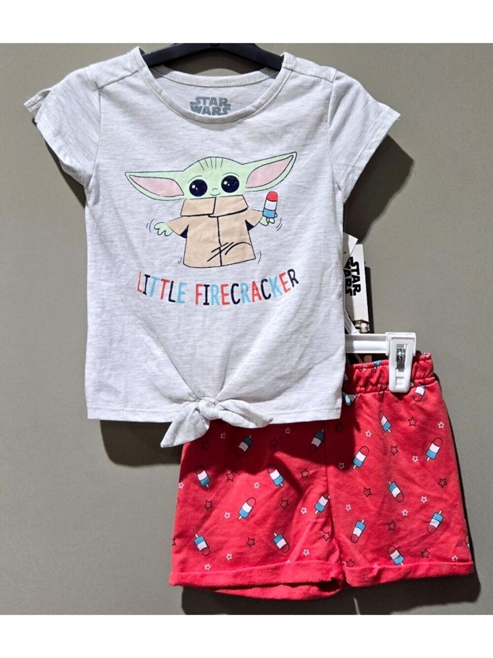 Star Wars Girls' Size 4T 4th of July Shorts & SS Tee Outfit Mandalorian Grogu